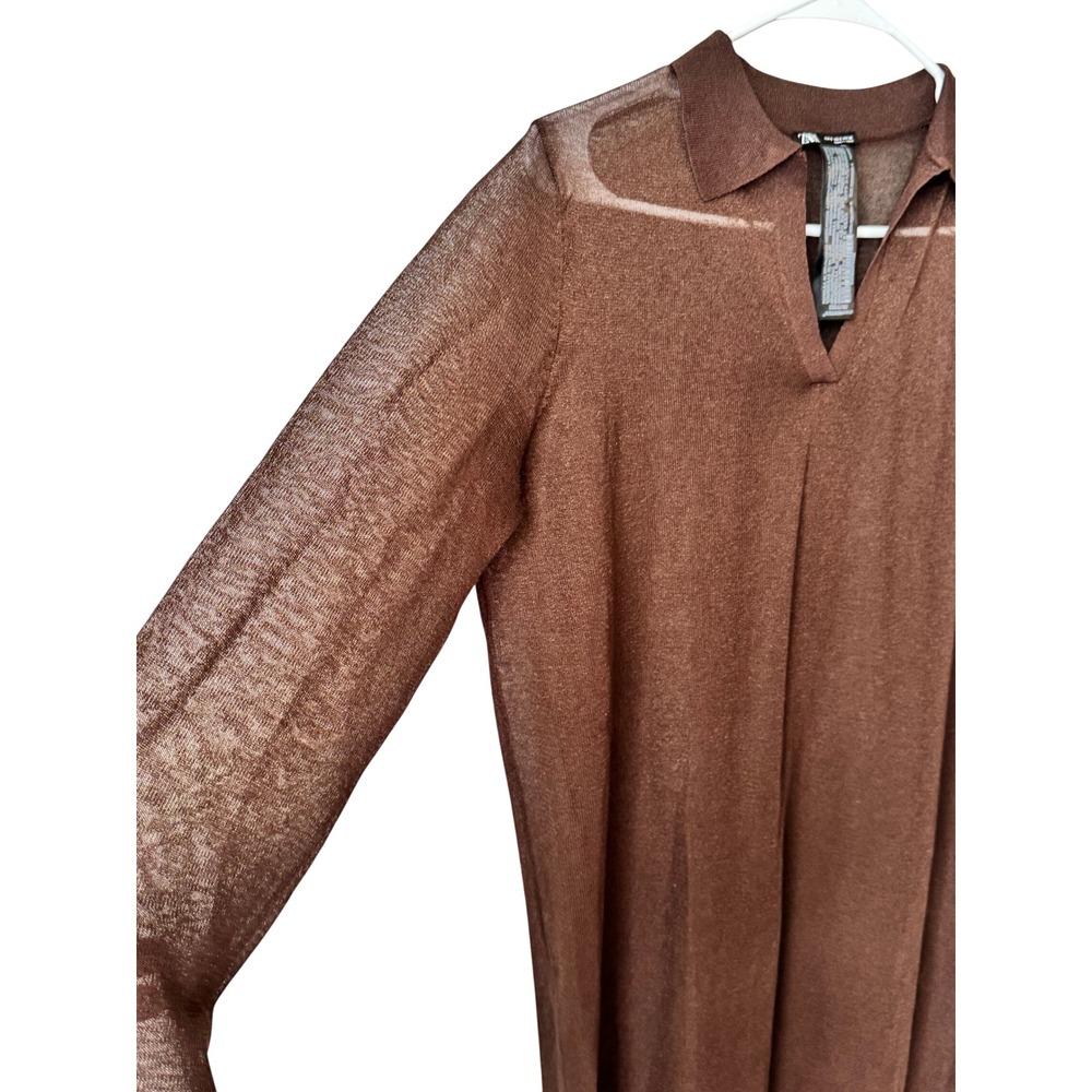 Zara Brown Sheer Knit Polo Midi Dress V-Neck Long Sleeve Small